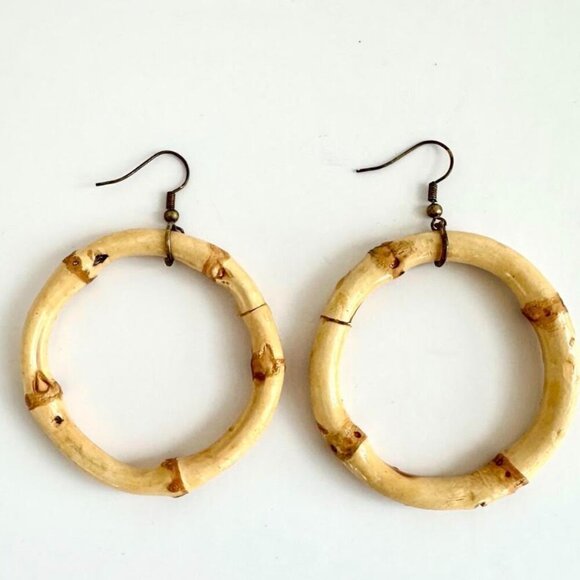 Vintage 1980's Bent Bamboo Circular Hoop Drop Pierced Earrings - Picture 1 of 4